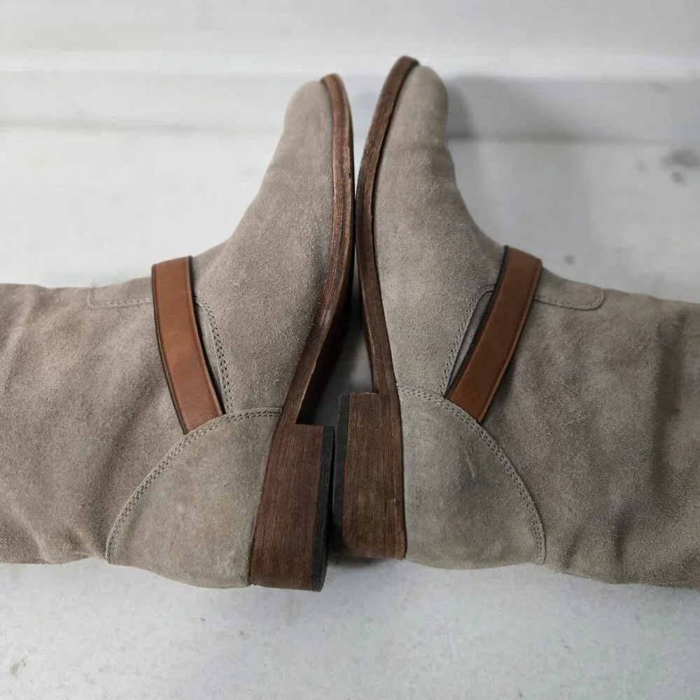 COACH Size 7.5 Amy Leather Taupe Low Stacked Heel Western Moto Boots Women's